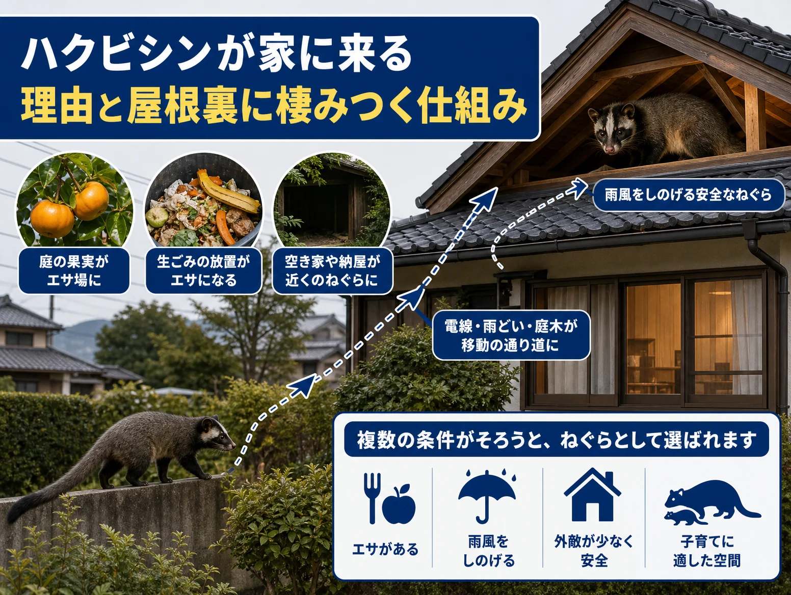 3. ハクビシンが家に来る理由と屋根裏に棲みつく仕組み