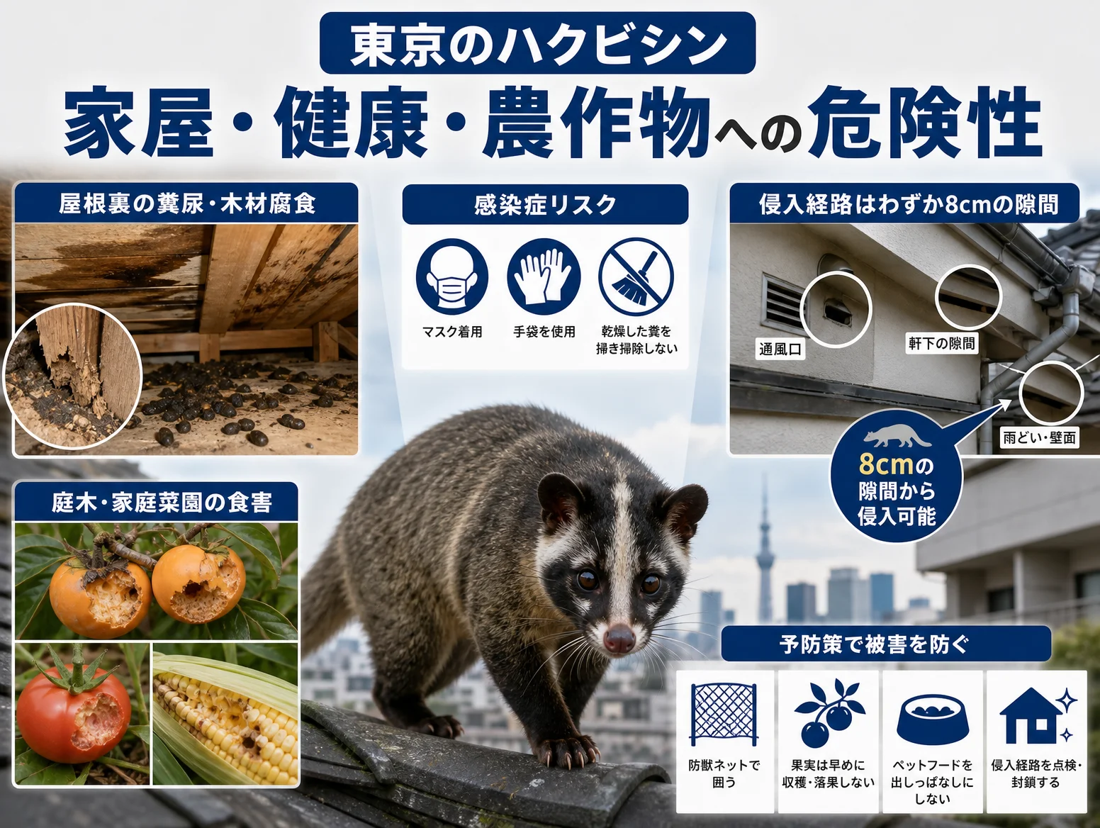3. 東京のハクビシンは何がやばい？家屋・健康・農作物の危険性
