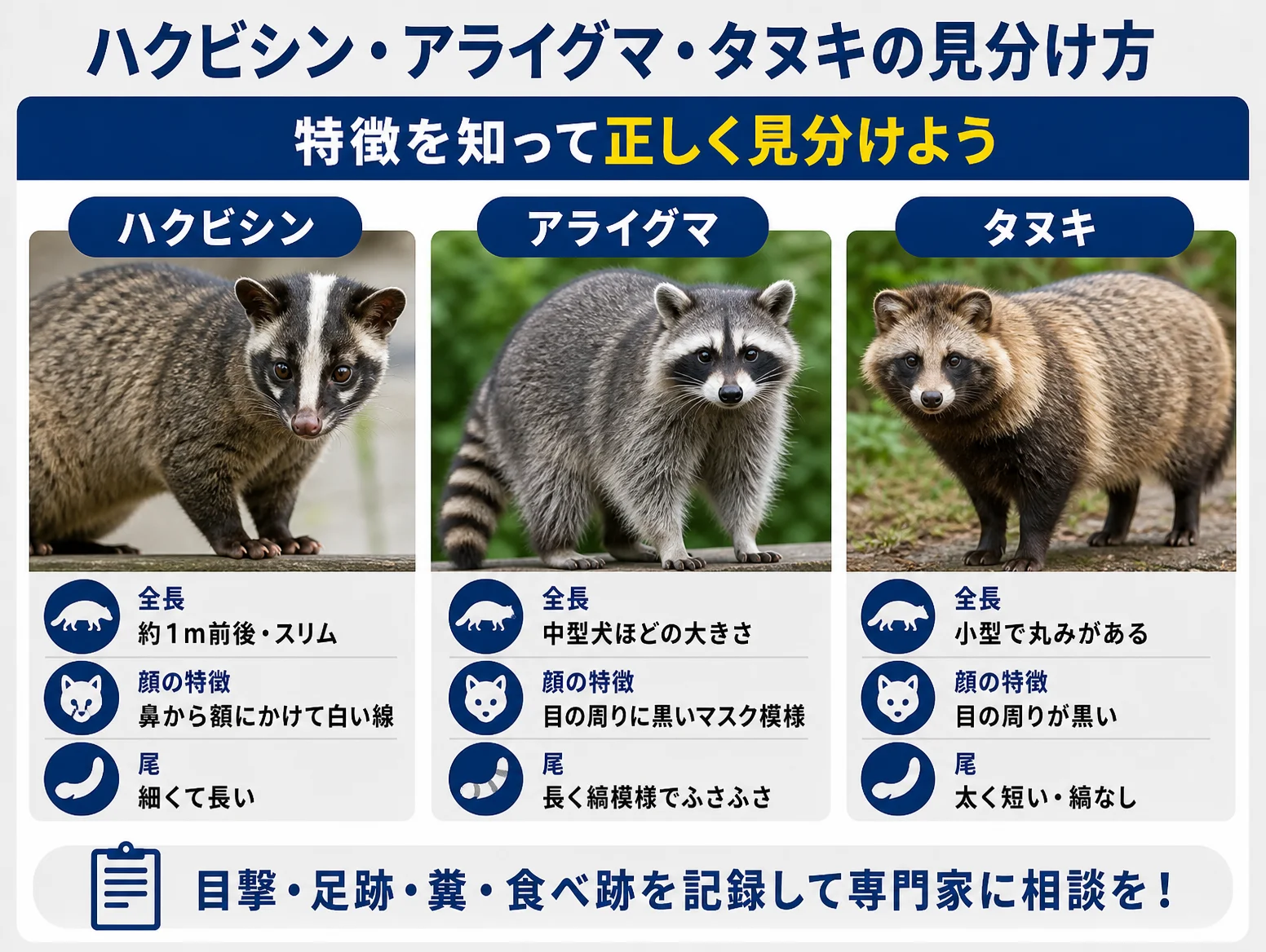 4. ハクビシンと断定できない時の見分け方｜アライグマ・タヌキとの誤認