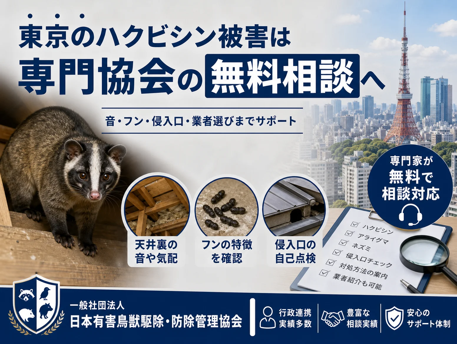 8. 東京のハクビシン被害は専門協会の無料相談へ