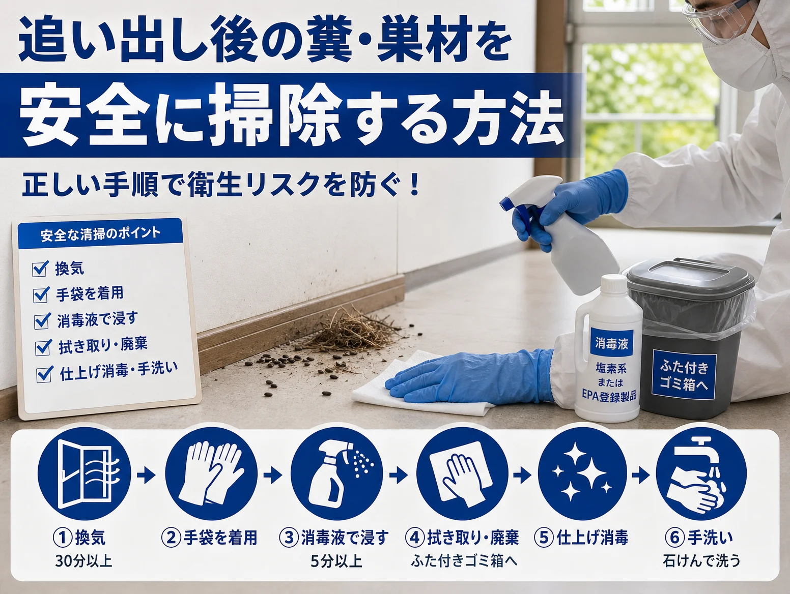 6. 追い出し後の糞・巣材を安全に掃除する方法
