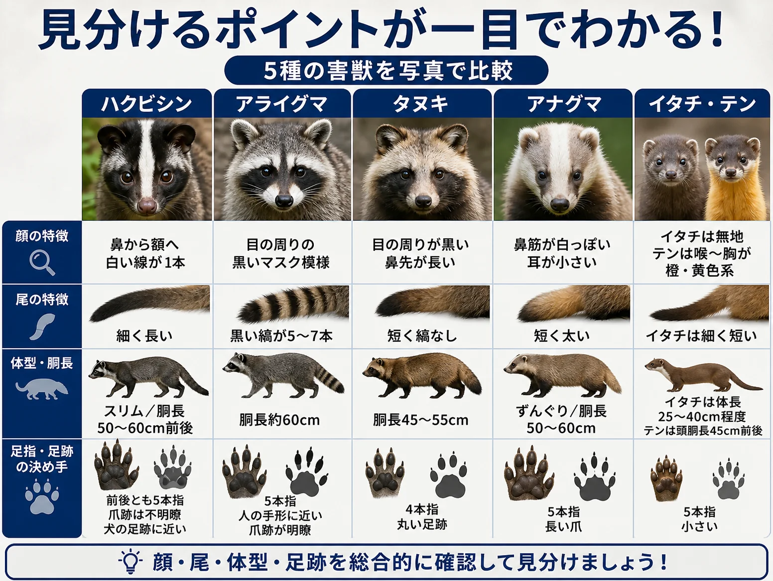 3. 写真で比較|タヌキ・アライグマ・アナグマ・イタチとの違い