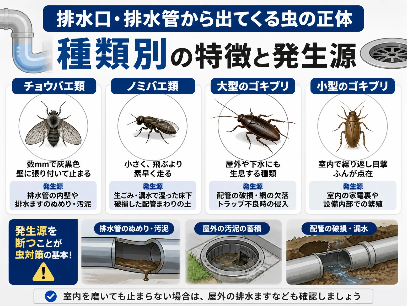 2. 排水口・排水管から出てくる虫の正体｜種類別の特徴と発生源
