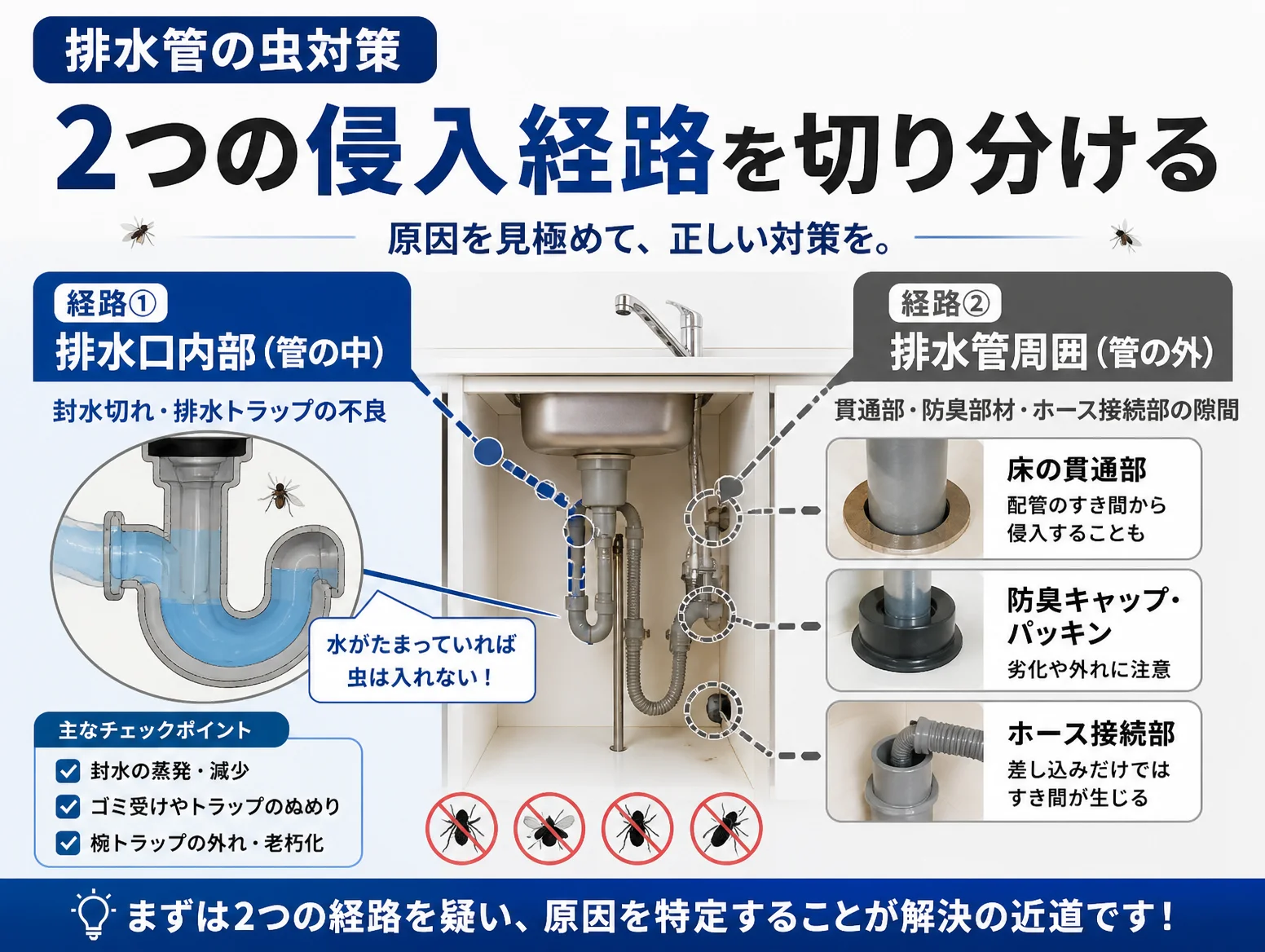 1. 排水管の虫対策は2つの侵入経路の切り分けから始める