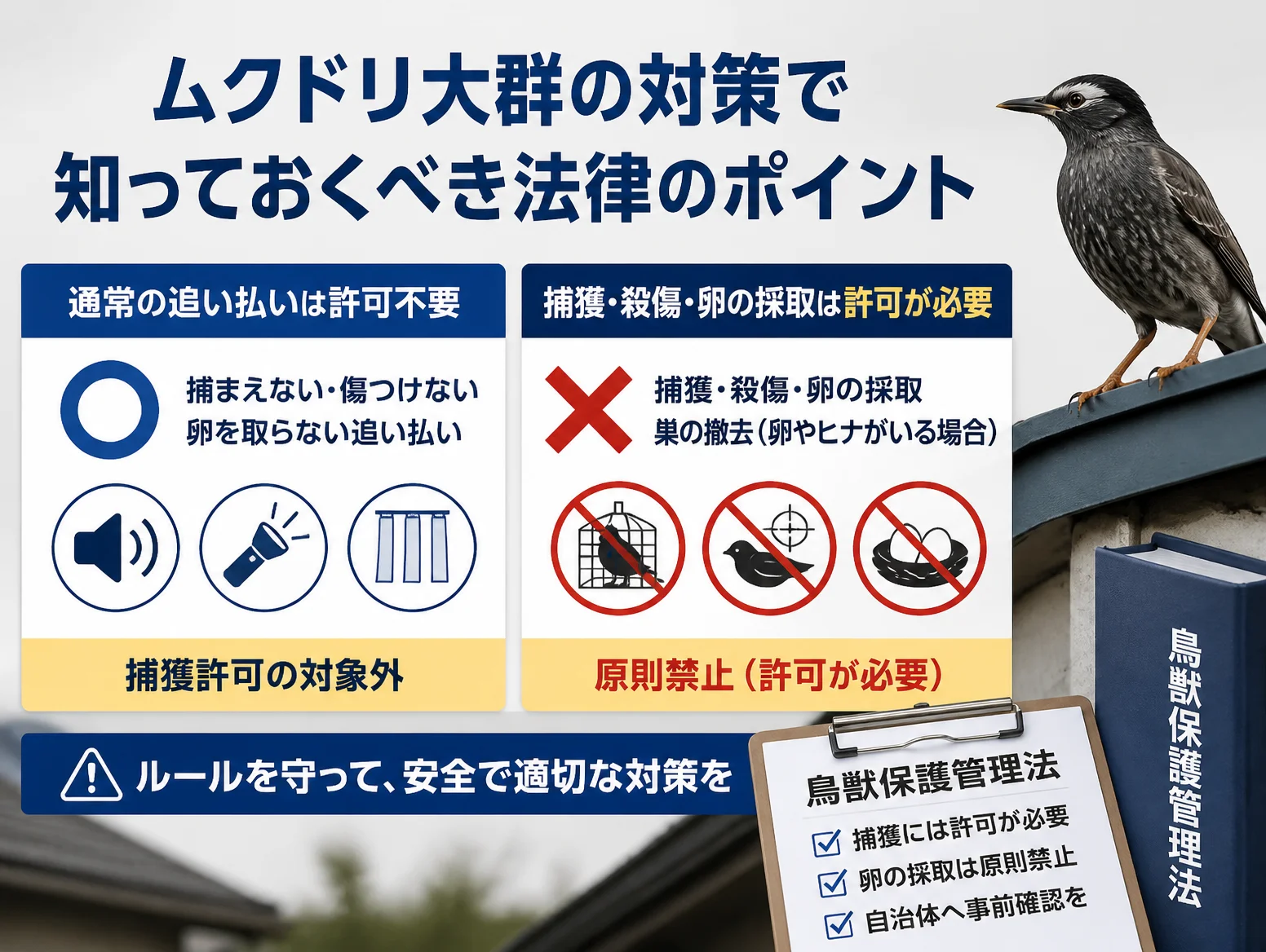 5. 対策の前に知るべきこと|通常の追い払いは捕獲許可の対象外、捕獲・殺傷・卵の採取は許可が必要