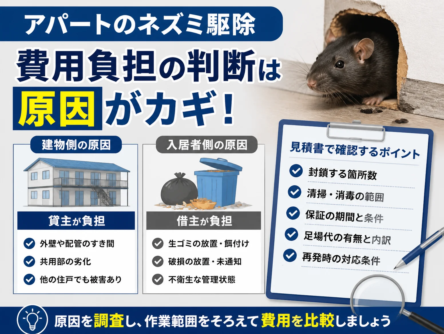 3. ネズミ駆除費用は誰が負担する？賃貸物件の原因別判断基準