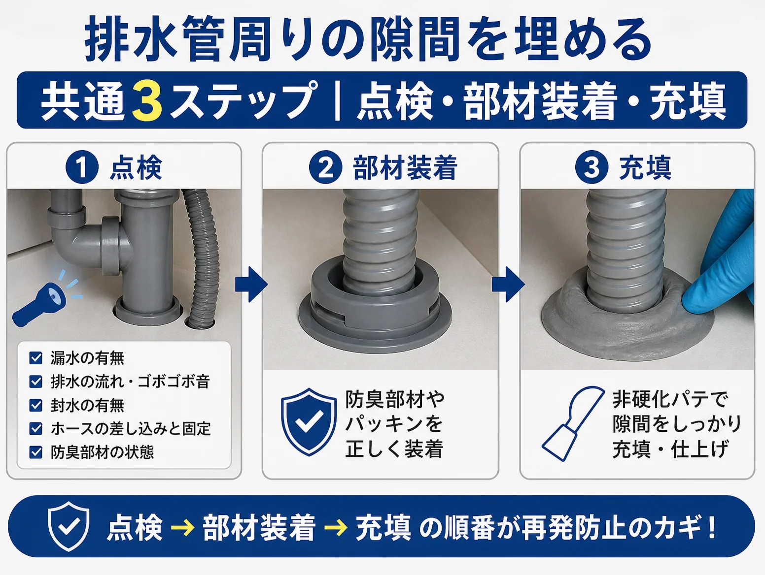 3. 排水管周りの隙間を埋める共通3ステップ｜点検・部材装着・充填