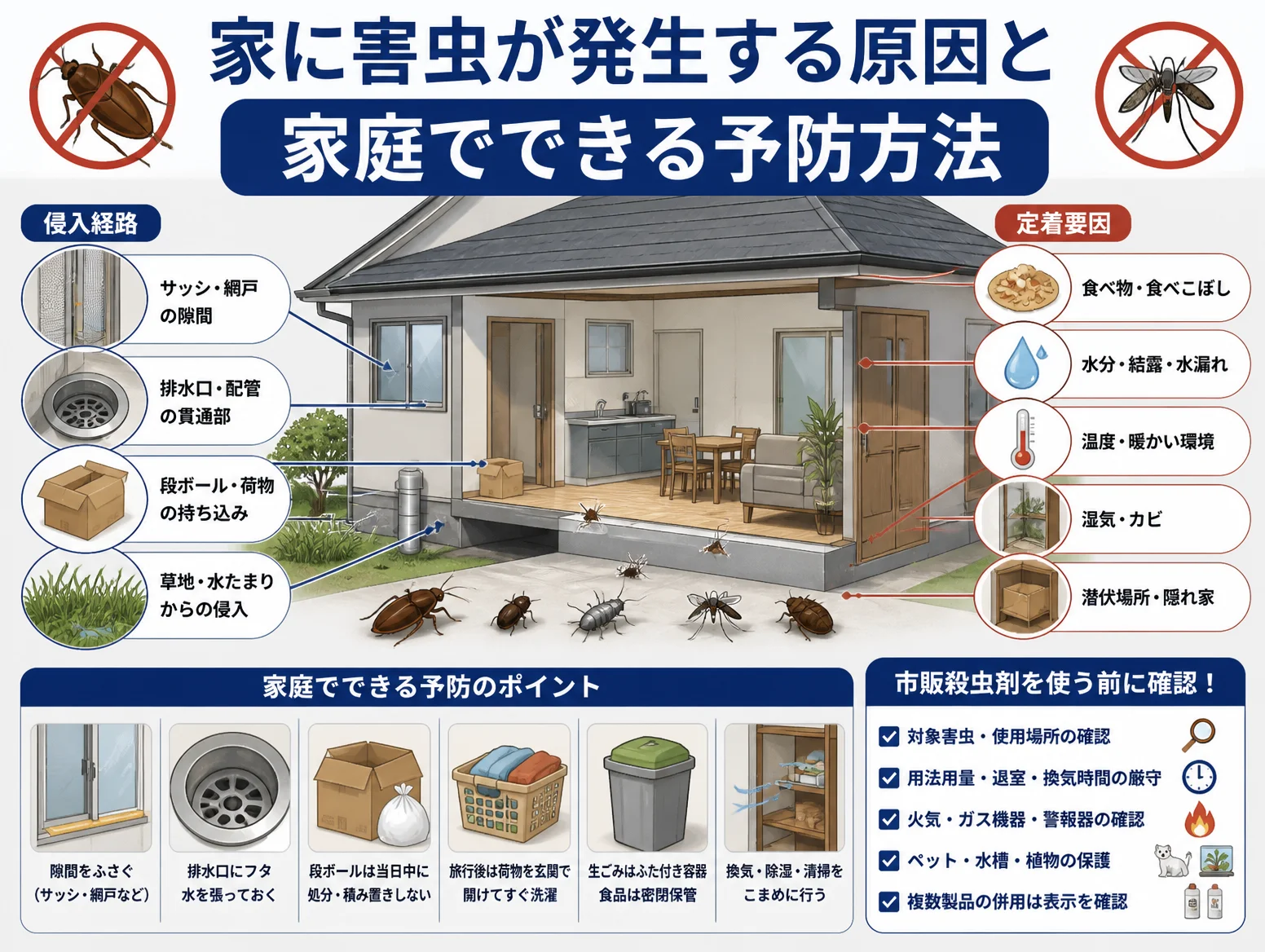害虫とは何かを示す解説図で、住宅の断面イラストを中心に、左側へサッシや網戸の隙間、排水口や配管の貫通部、段ボールの持ち込み、草地や水たまりからの侵入経路、右側へ食べ物や水分、温度、湿気、隠れ家という定着要因、下部に家庭でできる予防のポイントと市販殺虫