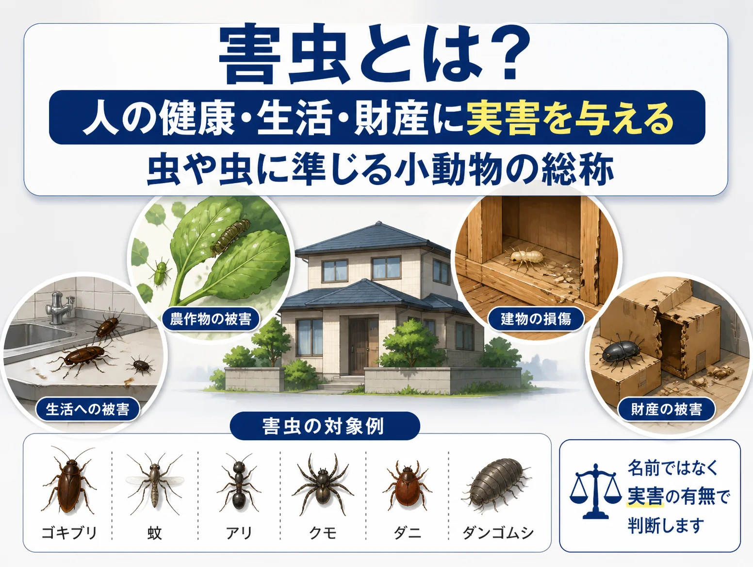 害虫とは何かを示す図解で、中央の住宅を囲み農作物の被害、生活への被害、建物の損傷、財産の被害の四場面をイラスト表示し、下部にゴキブリ、蚊、アリ、クモ、ダニ、ダンゴムシの対象例と名前ではなく実害の有無で判断する天秤を並べた構成