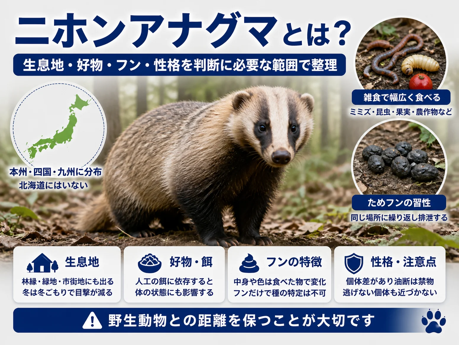 森の地面に立つニホンアナグマの正面写真を中心に、本州四国九州の分布地図、ミミズや昆虫などの雑食性の餌、ためフンの様子を配置し、生息地や好物、フンの特徴、性格の注意点をまとめたアナグマ 見つけたら確認したい判断ポイントの解説図