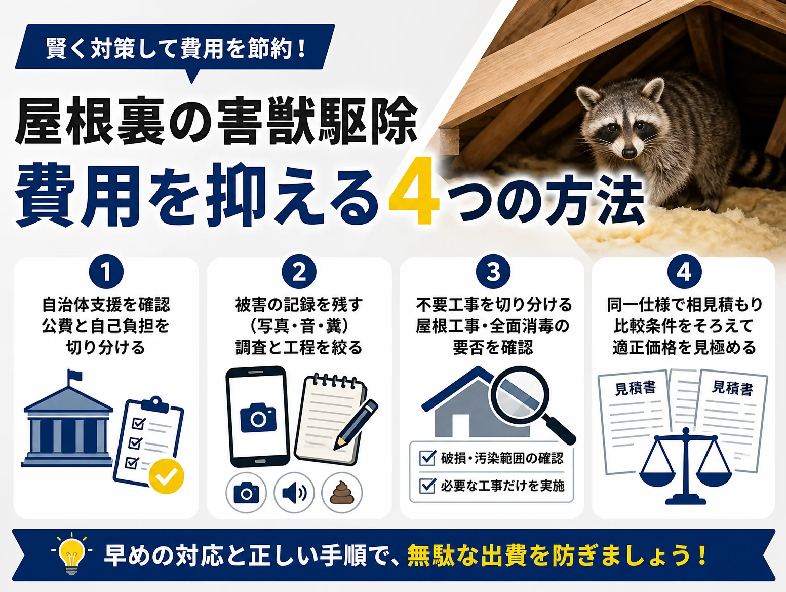 屋根裏の梁の上にアライグマがいる写真を背景に、屋根裏 動物 駆除料金を抑える4つの方法を番号順に並べた図解で、自治体支援の確認、被害の記録、不要工事の切り分け、同一仕様での相見積もりを庁舎やスマホ、住宅と虫眼鏡、天秤のイラストで示している