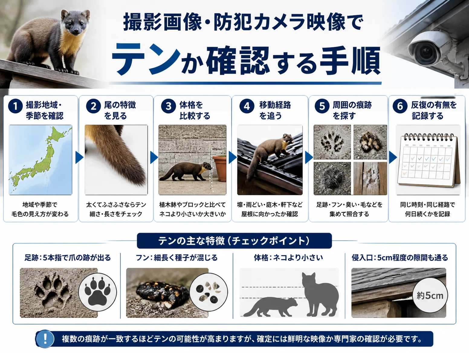 撮影画像や防犯カメラ映像からテンか確認する6段階の手順図で、撮影地域と季節の確認、尾の太さ、体格比較、屋根への移動経路、足跡やフンなど周囲の痕跡、反復記録を写真付きで並べ、下部に足跡や約5cmの侵入口など主な特徴を示した解説図