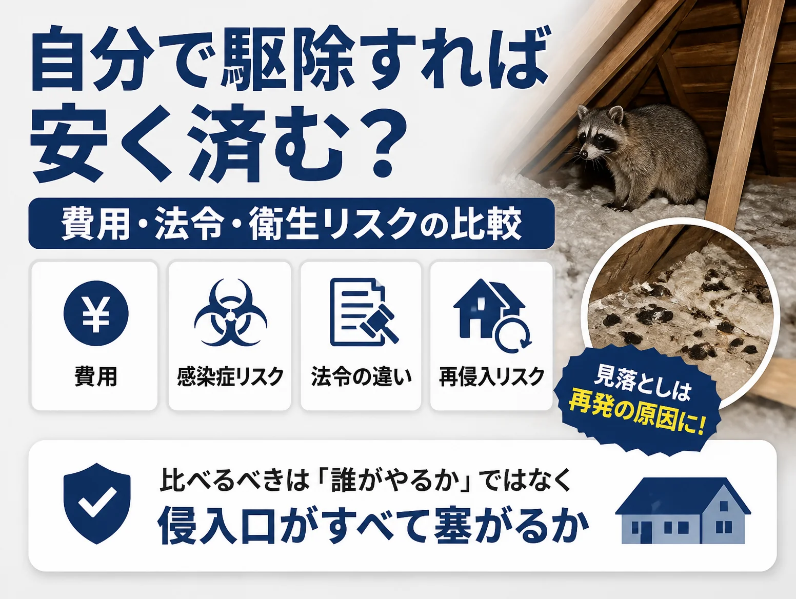 屋根裏の梁と断熱材の上にいるアライグマと糞の拡大写真を背景に、費用・感染症リスク・法令の違い・再侵入リスクの4アイコンを並べ、屋根裏 動物 駆除料金を自分で行う場合と業者依頼で比較し、侵入口がすべて塞がるかが要点と示した図解