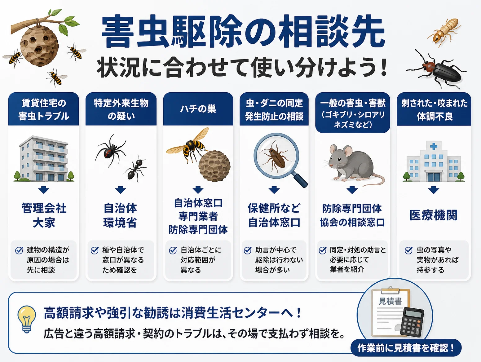 害虫とは何かを踏まえた相談先の使い分け図で、賃貸住宅は管理会社や大家、特定外来生物は自治体と環境省、ハチの巣は専門業者、虫やダニの同定は保健所、一般の害虫害獣は防除専門団体、刺され咬まれは医療機関、高額請求は消費生活センターへと6列で示す