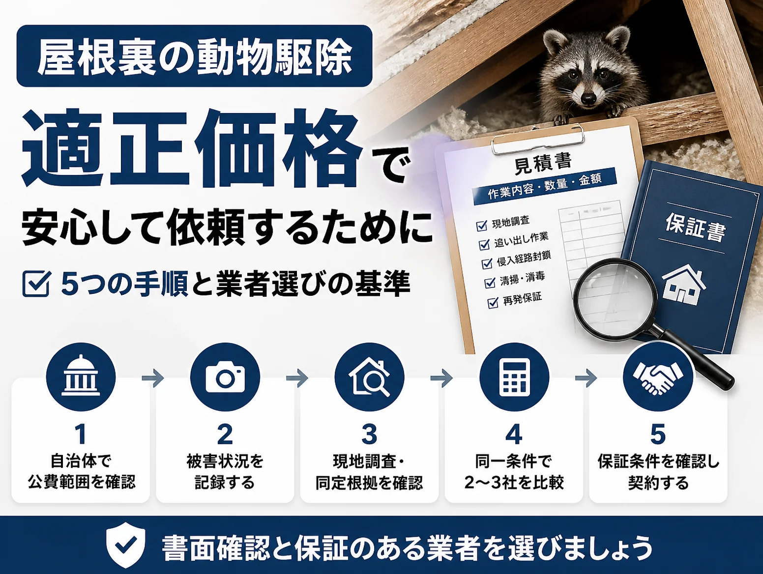 屋根裏 動物 駆除料金を適正価格で依頼する5つの手順を示した図解で、屋根裏から顔を出すアライグマと見積書・保証書の写真を背景に、自治体で公費範囲を確認、被害状況を記録、現地調査と同定根拠、2〜3社を比較、保証条件を確認し契約の流れをアイコン付きで横並