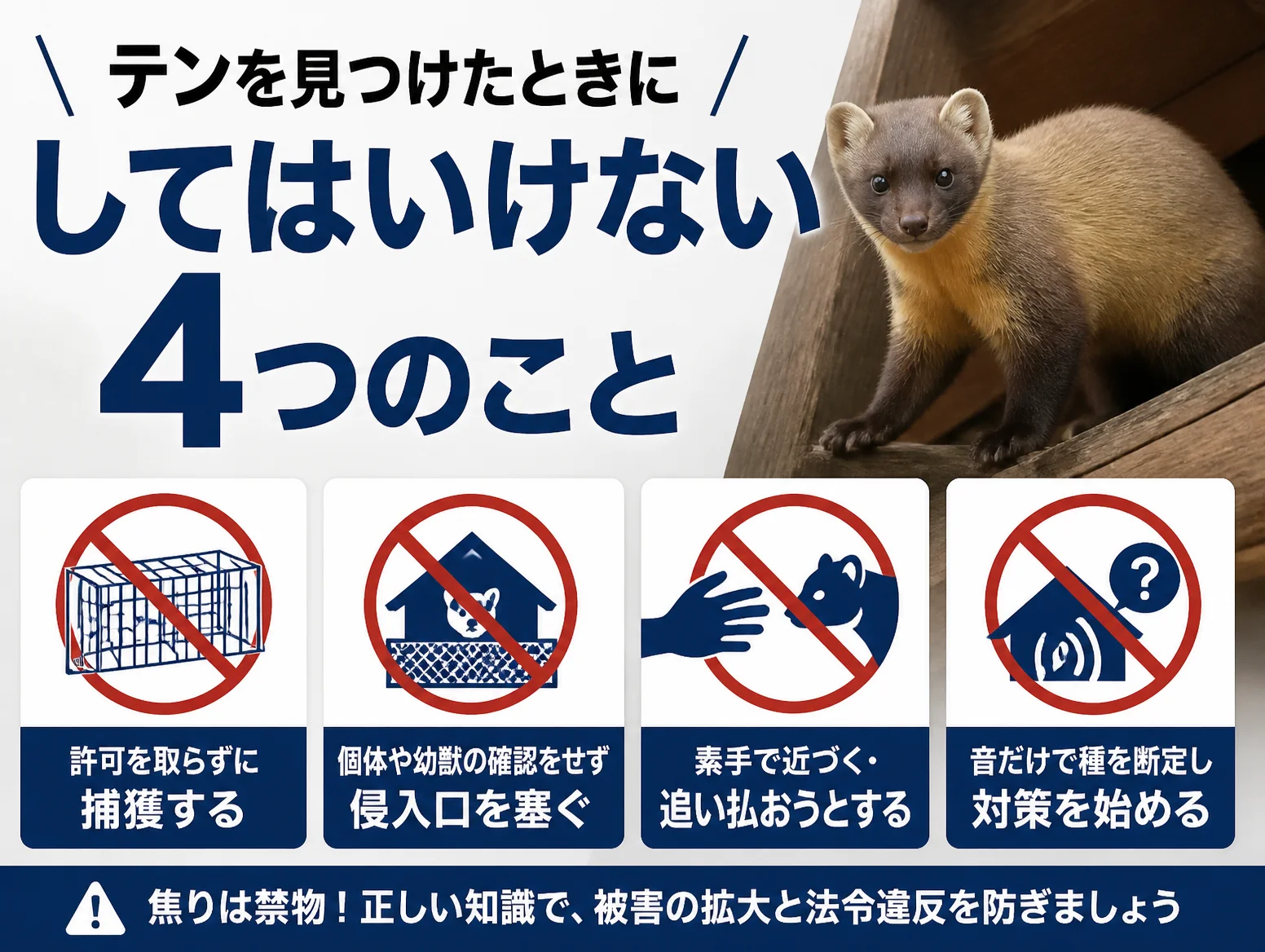 木材の上に立つテンの写真を右上に配し、テンを見つけたときにしてはいけない4つのことを禁止マーク付きアイコンで示した図解で、無許可の捕獲、個体確認をせず侵入口を塞ぐ、素手で近づき追い払う、音だけで種を断定する行為を並べた注意喚起