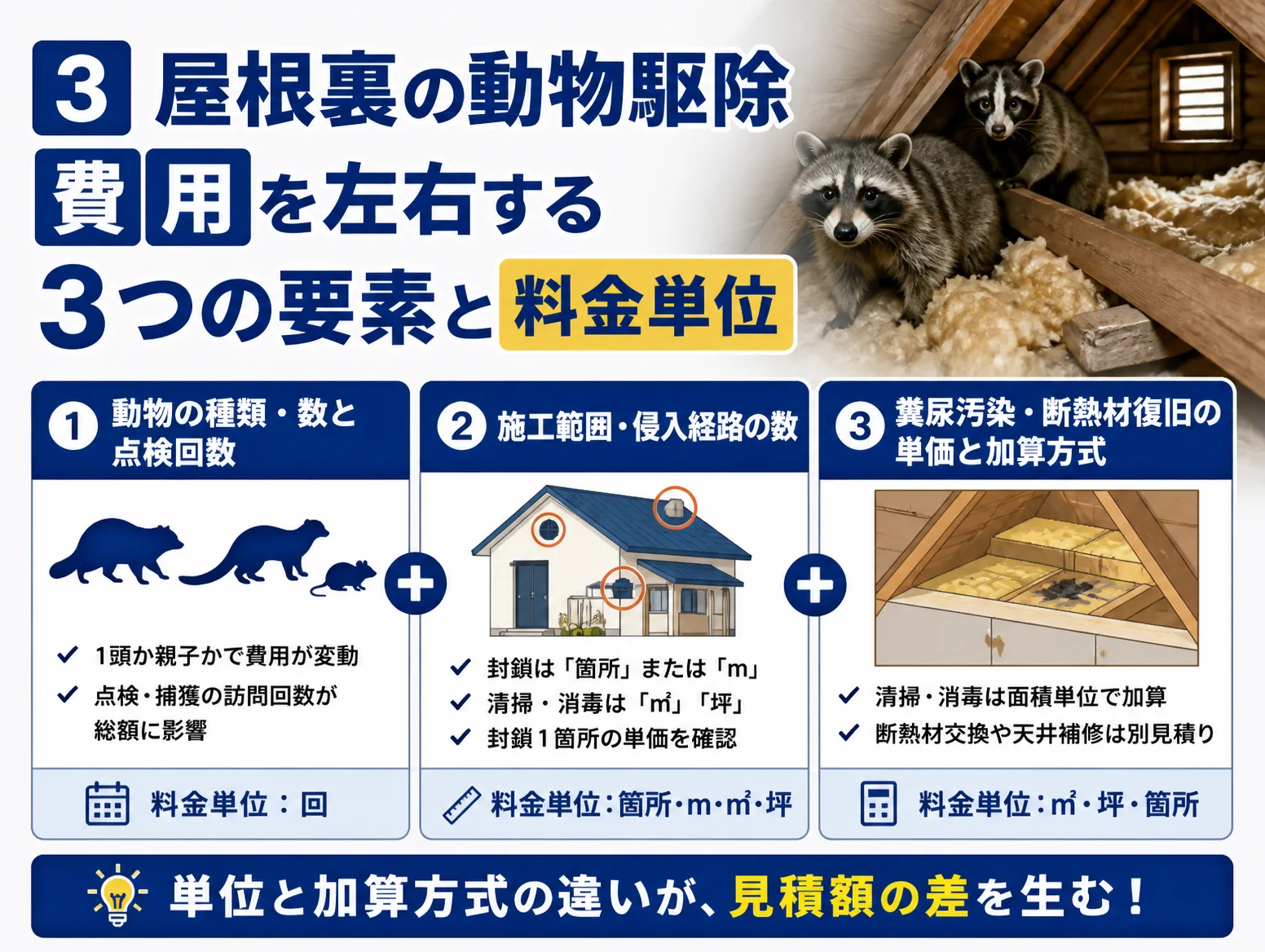 屋根裏 動物 駆除料金を左右する3要素を並べた解説図で、動物の種類や数と点検回数は回単位、施工範囲と侵入経路の封鎖は箇所やm、糞尿汚染の清掃消毒と断熱材復旧は平米や坪で加算されると図解し、単位の違いが見積額の差を生むと示す