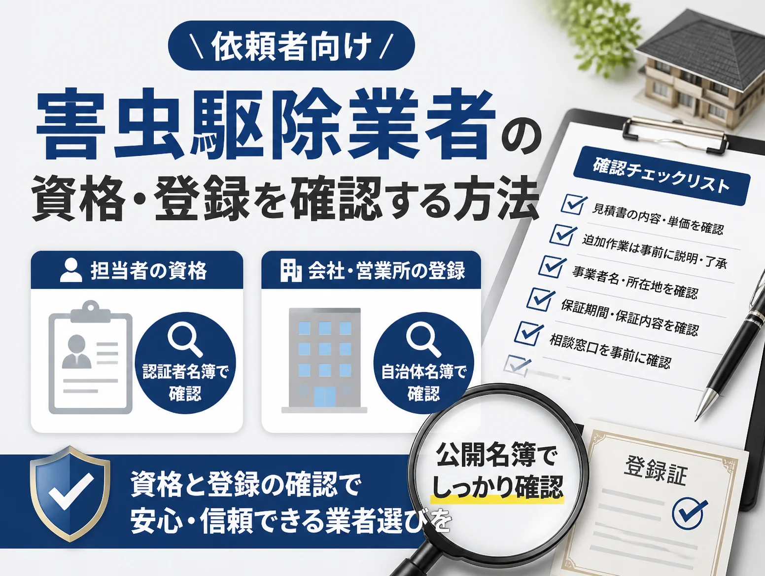 依頼者向けに害虫駆除 資格と登録の確認方法を示した図解で、担当者の資格は認証者名簿、会社と営業所の登録は自治体名簿で照合する二つの手順と、見積内容や保証期間などを並べた確認チェックリストを虫眼鏡と登録証とともに配置