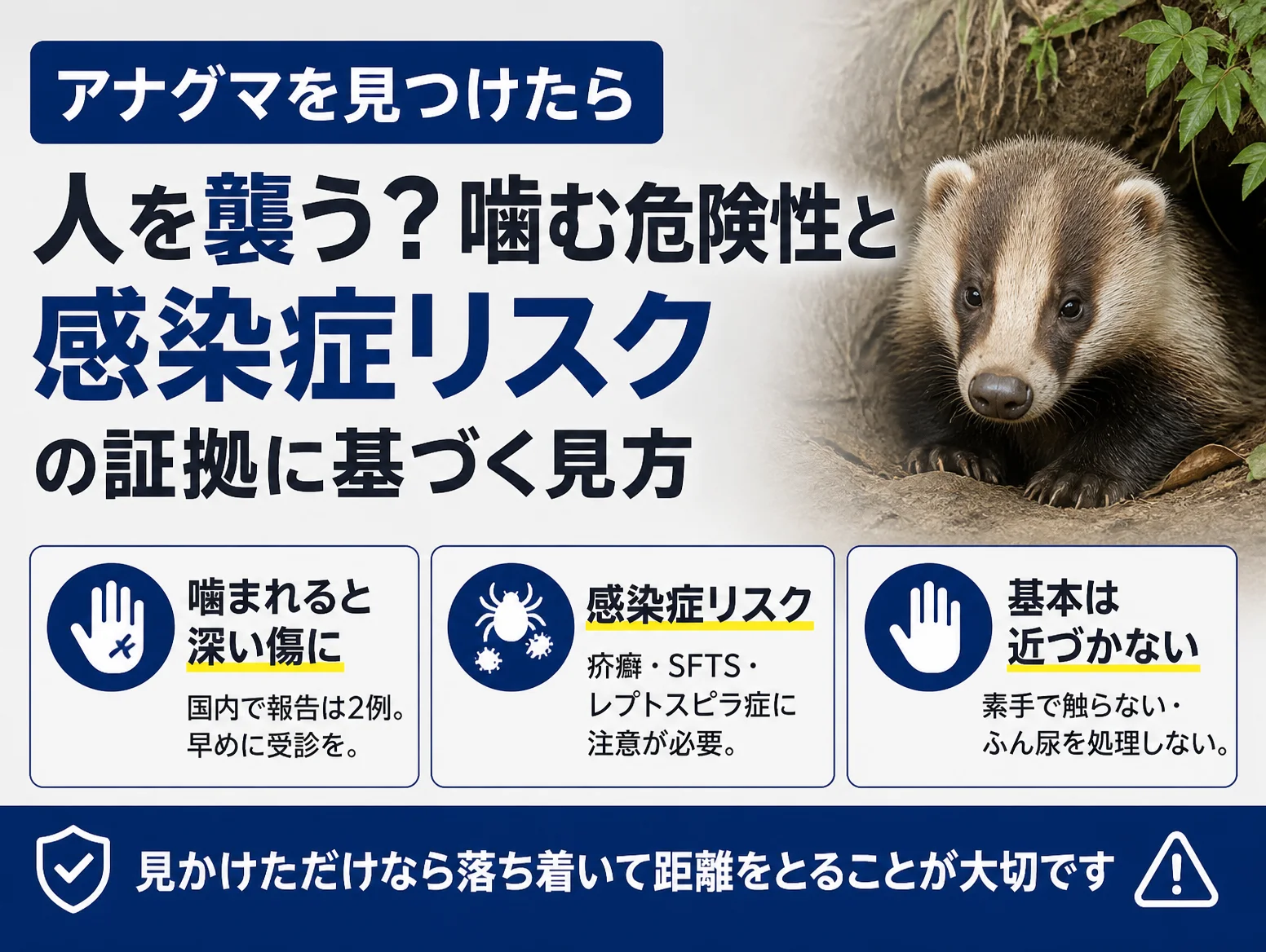 巣穴から顔を出すアナグマの写真を右に配し、アナグマ 見つけたら人を襲うか噛む危険性と感染症リスクを解説する図解で、噛まれると深い傷になり国内報告は2例、疥癬やSFTSなど感染症に注意、基本は近づかないの3項目を並べた構成
