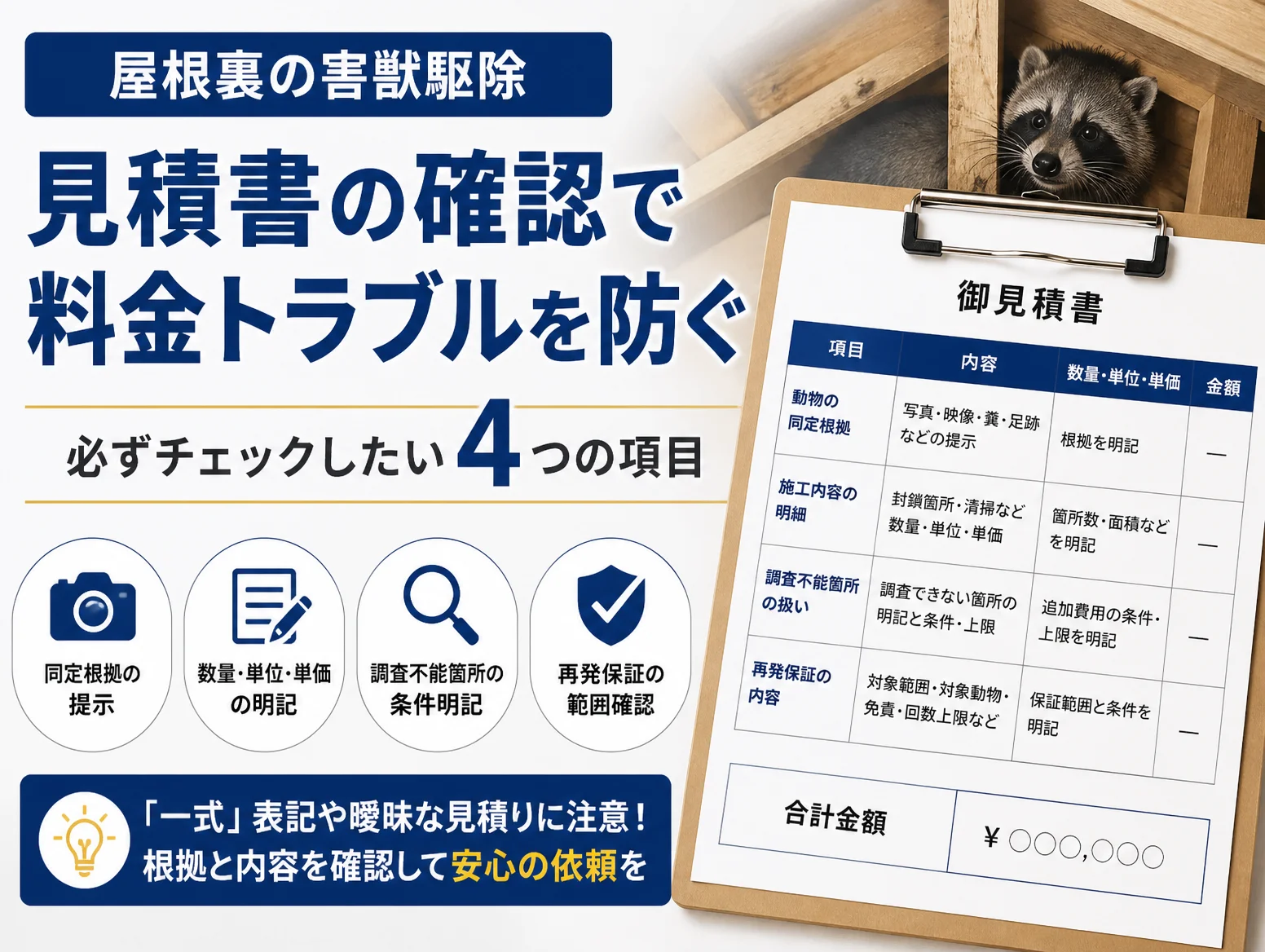 屋根裏 動物 駆除料金の見積書確認ポイントを示す図解で、右側に同定根拠や数量・単位・単価、調査不能箇所、再発保証を並べた御見積書の表、左側に4項目のアイコンと注意喚起、上部に屋根裏から覗くアライグマの写真を配置
