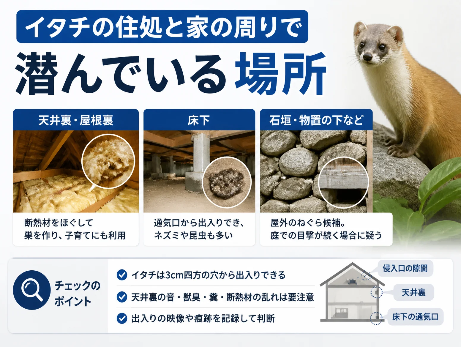 イタチ画像付きの解説図で、天井裏・屋根裏の断熱材の巣、床下の糞、石垣や物置の下のねぐらを写真で示し、3cmの穴から侵入できることや家の断面図で侵入口の隙間と床下の通気口を説明している