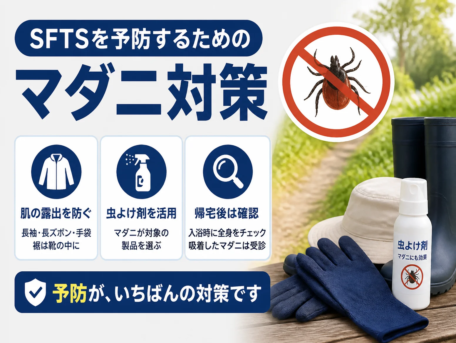 SFTSを予防するためのマダニ対策を示す図で、肌の露出を防ぐ長袖や手袋、マダニ対象の虫よけ剤の活用、帰宅後の全身確認の3項目と、禁止マークのマダニ、長靴、帽子、手袋、虫よけスプレーの写真を配置