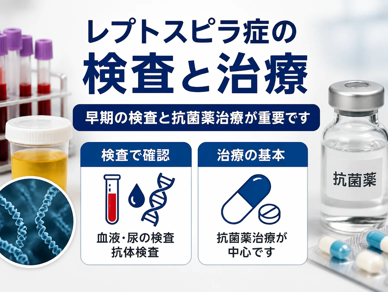 レプトスピラ症の検査と治療を示す図解で、血液・尿の検査と抗体検査による確認、抗菌薬治療が中心であることを試験管やDNA、カプセルのアイコンと採血管、尿容器、抗菌薬の瓶、らせん状の菌の画像で表している