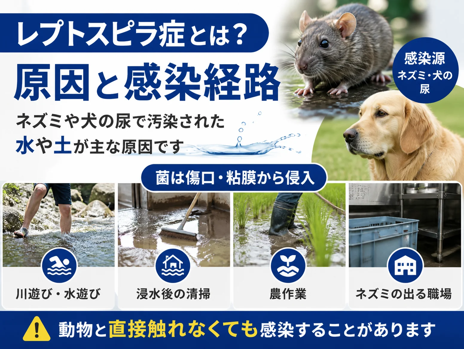 レプトスピラ症の原因と感染経路を示す図解で、感染源のネズミと犬の写真、尿で汚染された水や土から傷口や粘膜を通じて感染する例として川遊び、浸水後の清掃、農作業、ネズミの出る職場の4場面を並べている