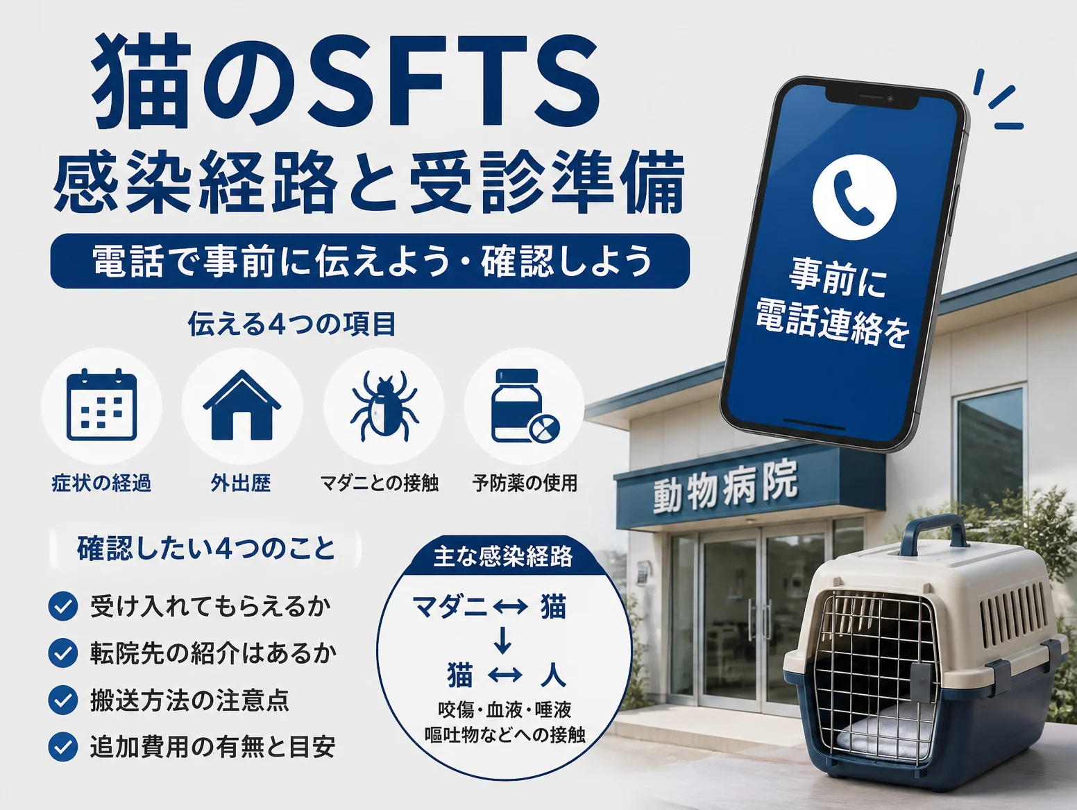 SFTS 猫の感染経路と受診準備の図解で、マダニから猫、猫から人への感染経路、電話で伝える症状の経過や外出歴など4項目、確認したい受け入れ可否など4項目を動物病院とキャリーケースの写真と共に示している