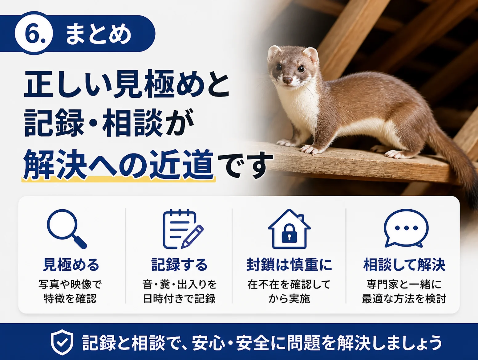 屋根裏の梁に立つイタチ画像を背景に、正しい見極めと記録・相談が解決への近道と示すまとめ図で、見極める、記録する、封鎖は慎重に、相談して解決の4項目をアイコン付きで解説
