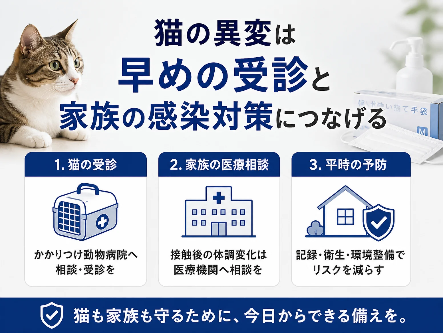 sfts 猫対策のまとめ図、横たわる猫と手袋・マスク・消毒液を背景に、キャリーの猫の受診、病院の家族の医療相談、盾付き住宅の平時の予防という3つの備えをアイコンで示した解説画像