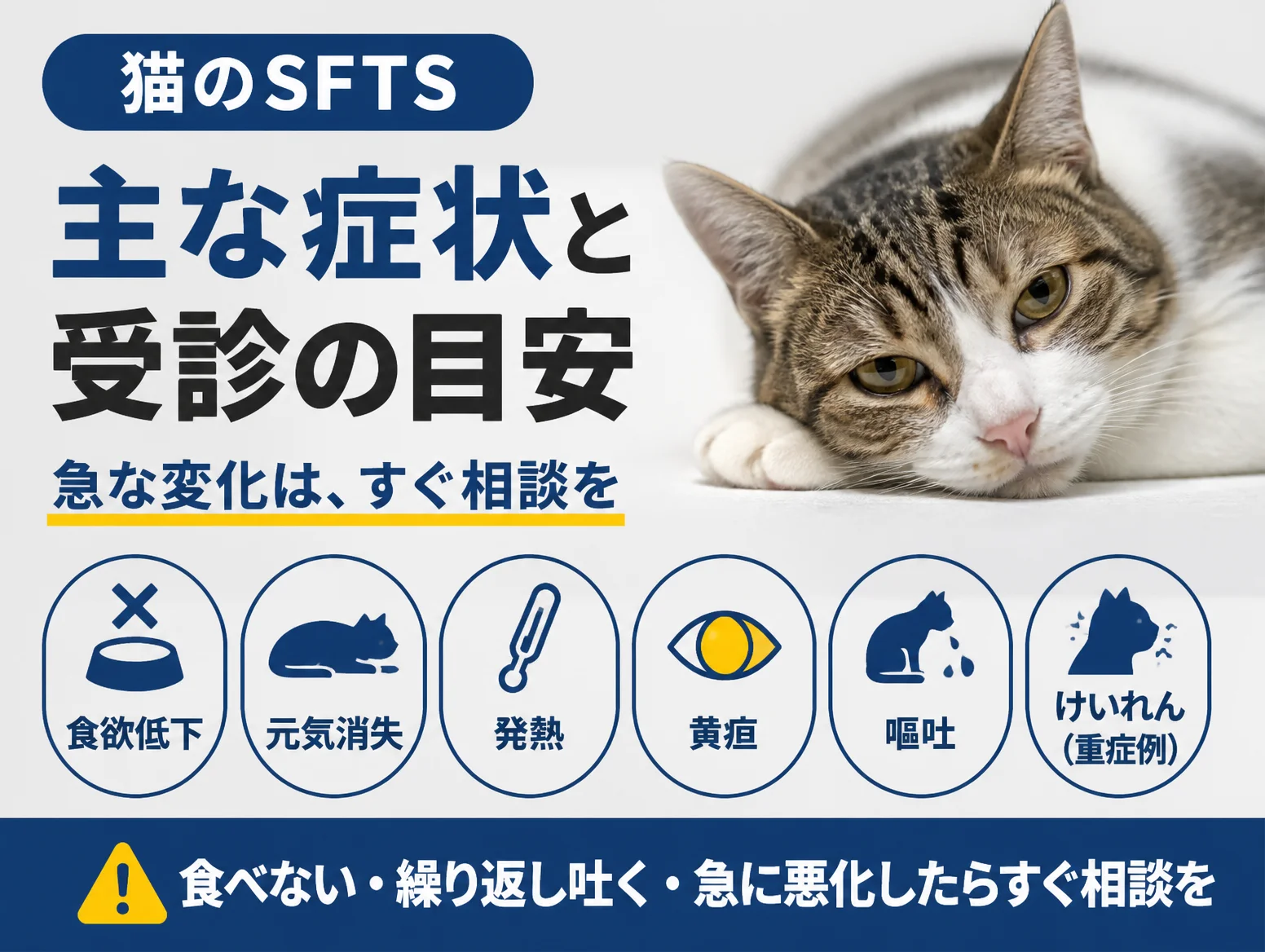 SFTS 猫の主な症状を示す図解で、横たわるキジ白猫の写真と、食欲低下・元気消失・発熱・黄疸・嘔吐・けいれん重症例の6つのアイコン、食べない・繰り返し吐く・急に悪化したらすぐ相談をという受診の目安を掲載