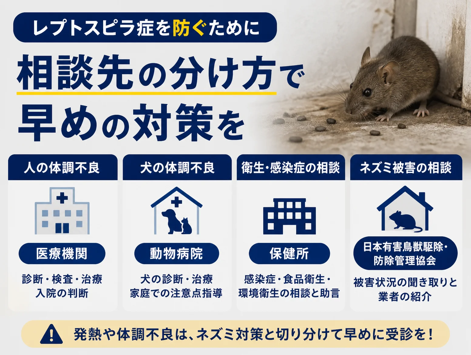 レプトスピラ症を防ぐための相談先を示す図解で、人の体調不良は医療機関、犬の体調不良は動物病院、衛生・感染症は保健所、ネズミ被害は日本有害鳥獣駆除・防除管理協会と4つに分け、壁際のネズミとフンの写真を添えている