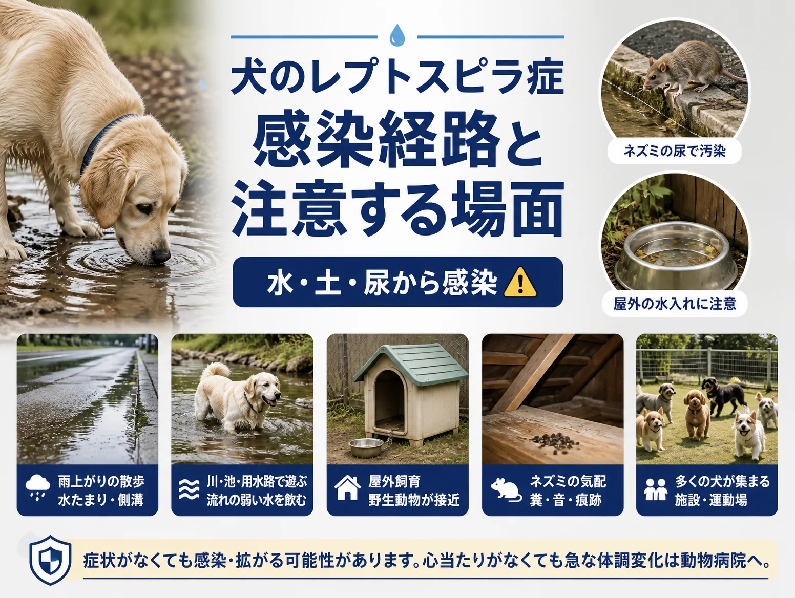 犬のレプトスピラ症の感染経路を示す図解で、水たまりの水を飲むゴールデンレトリバー、ネズミの尿で汚染された側溝、屋外の水入れ、雨上がりの道、川遊び、屋外犬舎、ネズミの糞、犬が集まる運動場など注意する場面を並べている