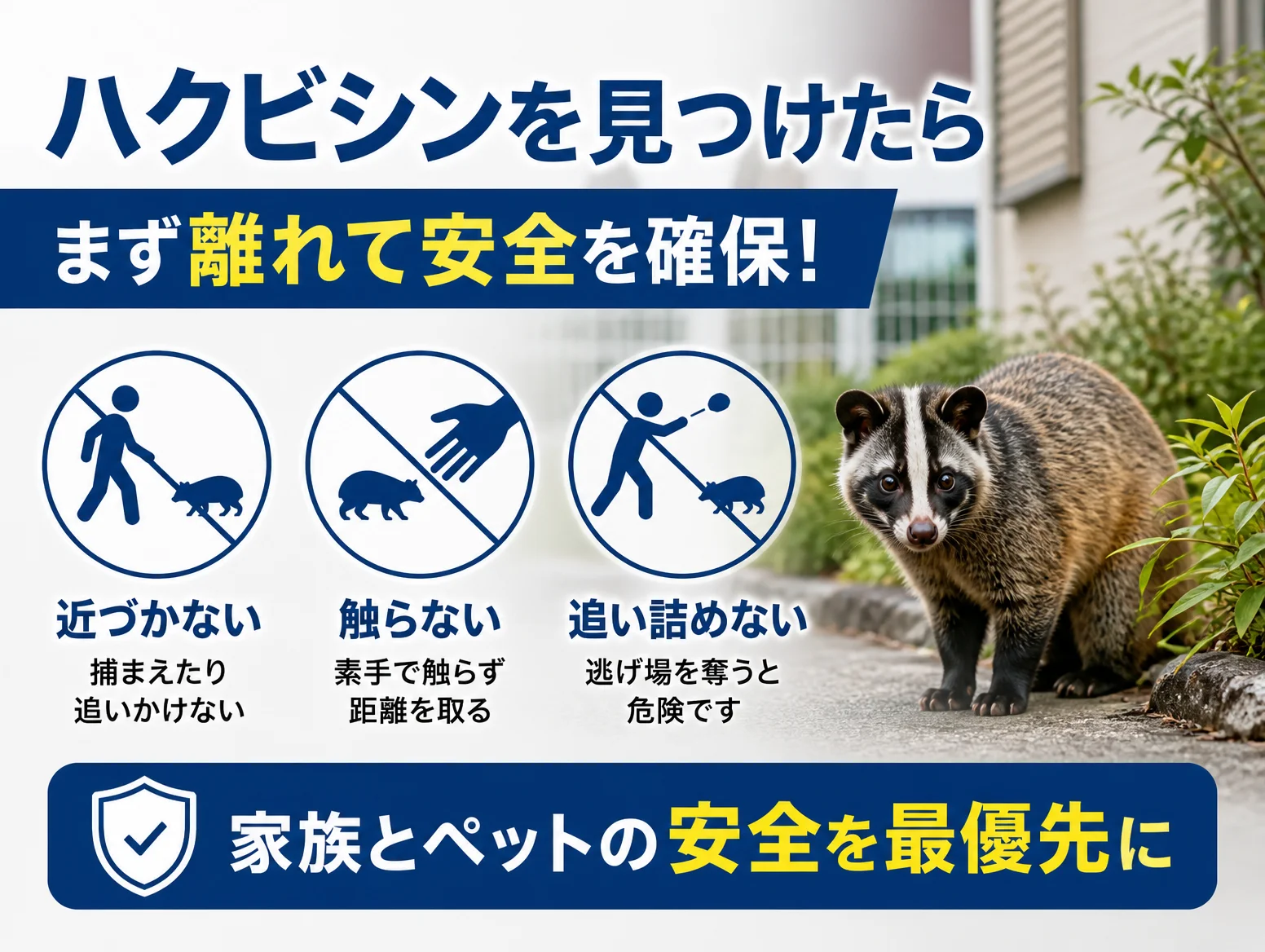 ハクビシンを見つけたら離れて安全確保を促す図解、近づかない・触らない・追い詰めないの3つの禁止アイコンと、住宅脇の植え込みからこちらを見るハクビシンの写真、家族とペットの安全を最優先にという標語