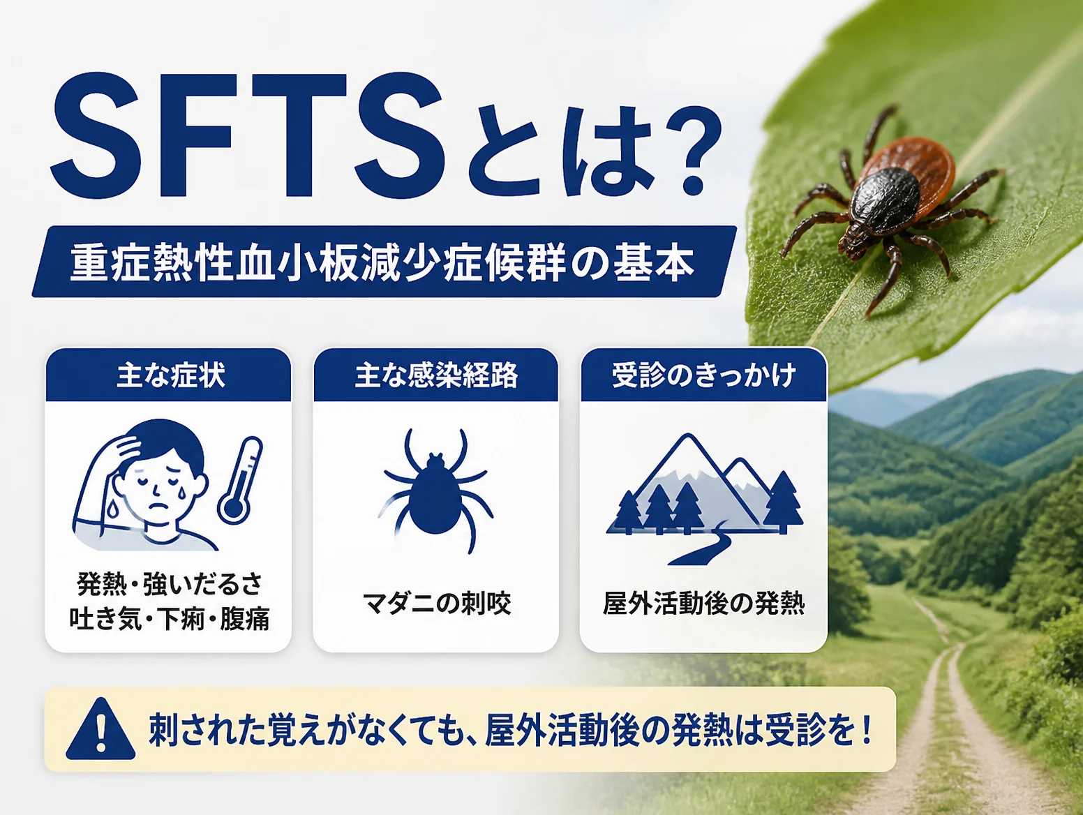 SFTS重症熱性血小板減少症候群の基本を解説する図解で、主な症状は発熱や強いだるさ、吐き気、下痢、腹痛、感染経路はマダニの刺咬、受診のきっかけは屋外活動後の発熱と示し、葉の上のマダニと山道の写真を添えている