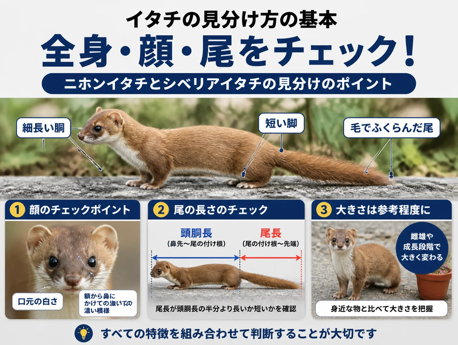 イタチ画像で見分ける基本の図解で、細長い胴・短い脚・毛でふくらんだ尾の全身写真に加え、口元の白さと額から鼻の濃い模様、頭胴長と尾長の比較、身近な物と比べた大きさの確認方法を示したニホンイタチとシベリアイタチの見分けポイント