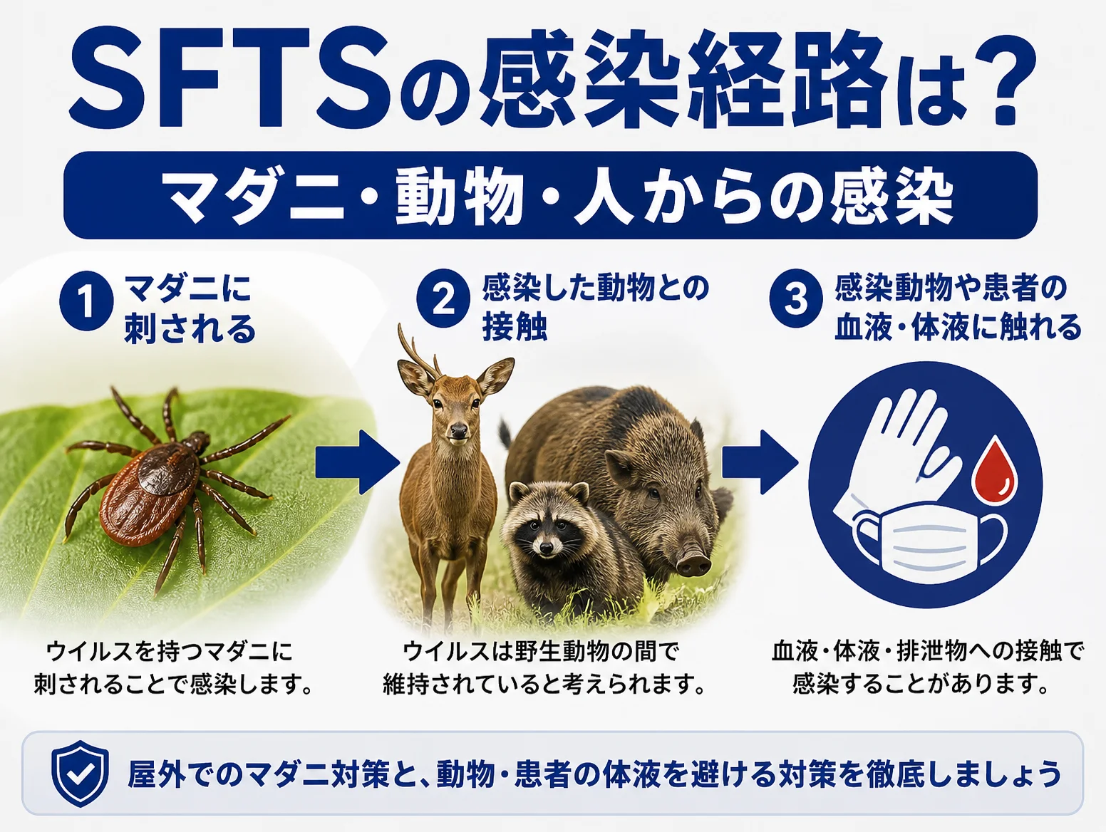 SFTSの感染経路を示す図解で、葉の上のマダニに刺される、シカやイノシシ、タヌキなど感染した動物との接触、手袋とマスクと血液の図で示す感染動物や患者の血液・体液に触れるの3つを矢印でつないでいる