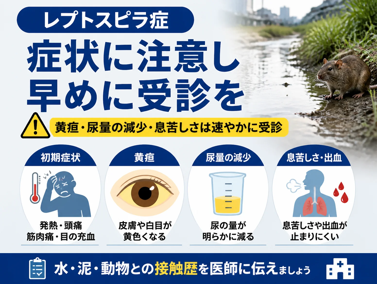 レプトスピラ症の症状と受診の目安を示す図解で、発熱や頭痛などの初期症状、白目が黄色くなる黄疸、尿量の減少、息苦しさや出血の4項目をイラストで並べ、水辺のネズミの写真と水や泥、動物との接触歴を医師に伝える呼びかけを添えている