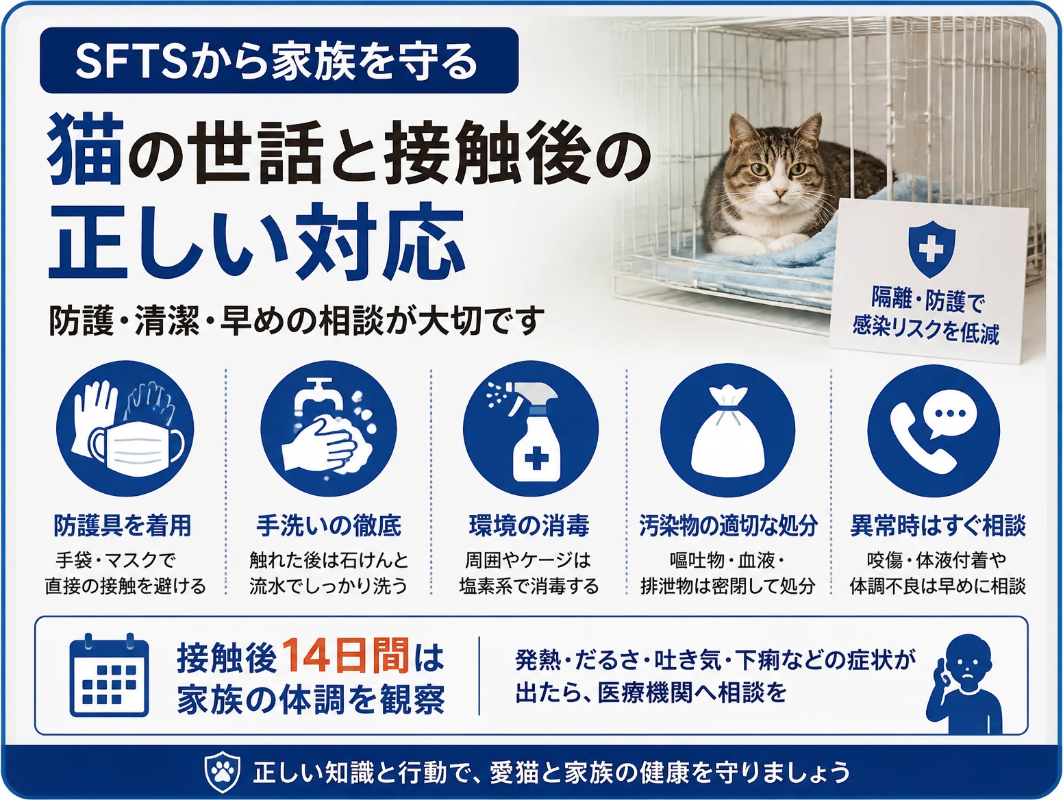 SFTSから家族を守る猫の世話と接触後の対応を示す図解で、ケージ内の猫の写真と防護具着用、手洗い、塩素系消毒、汚染物の密閉処分、異常時の相談、接触後14日間の体調観察を解説したsfts 猫対策のイラスト
