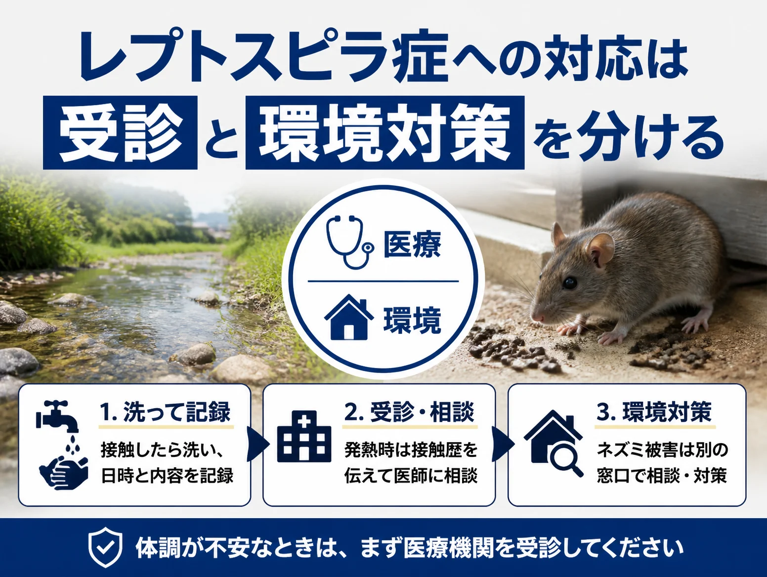 レプトスピラ症への対応は受診と環境対策を分けると示す図解、川辺の写真と糞のそばのネズミを背景に医療と環境の円形アイコン、洗って記録、受診・相談、環境対策の3ステップを矢印で並べた構成