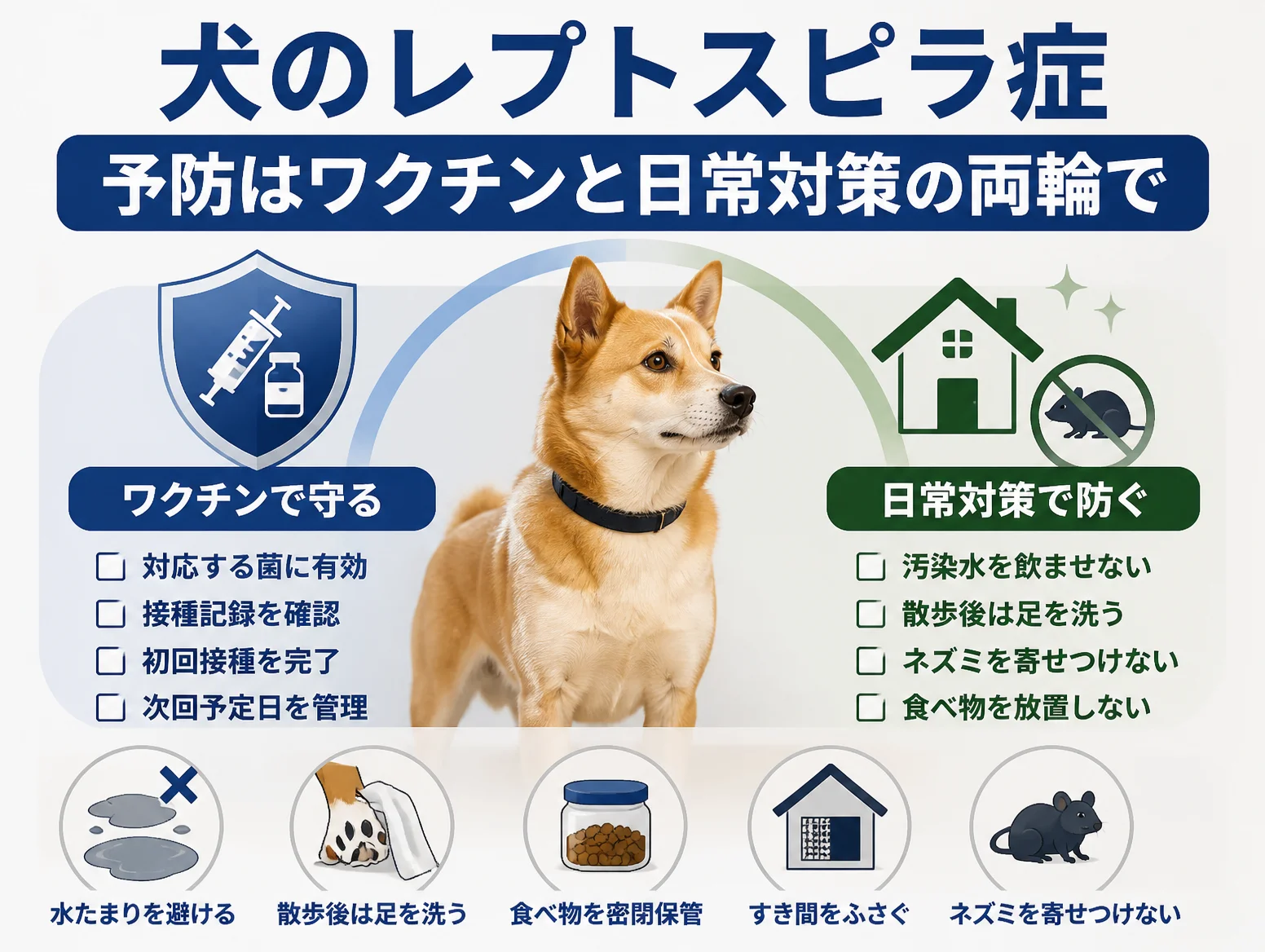 犬のレプトスピラ症予防をワクチンと日常対策の両輪で示す図解、中央の柴犬を挟み左に接種記録確認や次回予定日管理、右に汚染水を飲ませない、散歩後の足洗い、ネズミ対策、食べ物の密閉保管を並べたチェックリスト
