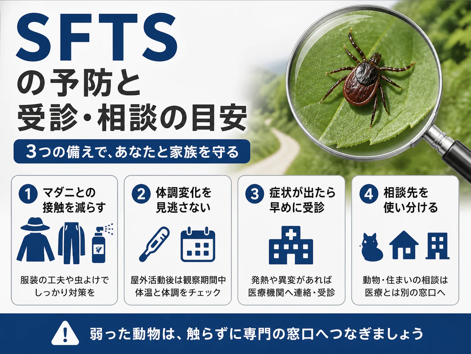 SFTSの予防と受診・相談の目安を示す図解、虫眼鏡で葉の上のマダニを拡大した写真と、マダニとの接触を減らす、体調変化を見逃さない、症状が出たら早めに受診、相談先を使い分けるの4項目をアイコンで解説