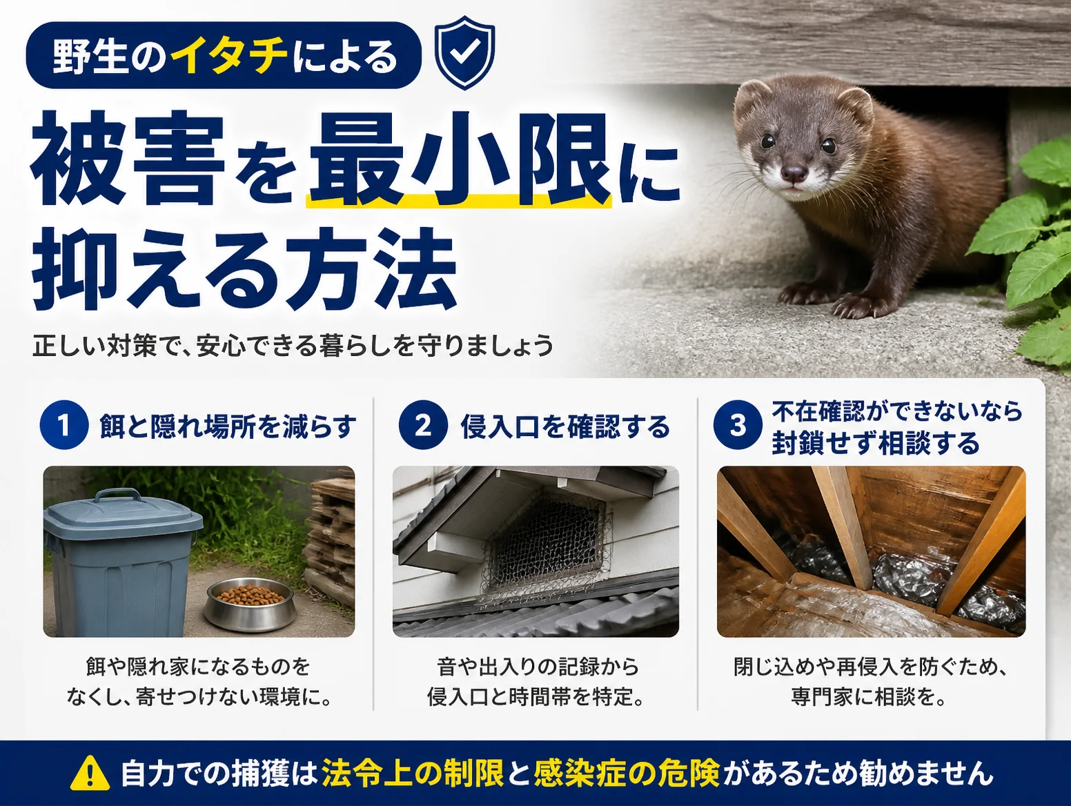 イタチ画像と、被害を最小限に抑える3つの対策を示す図解で、ふた付きごみ箱と屋外の餌皿、金網を張った換気口、断熱材が敷かれた屋根裏の写真を並べ、自力での捕獲は法令上の制限と感染症の危険があり勧めないと注意を添えている