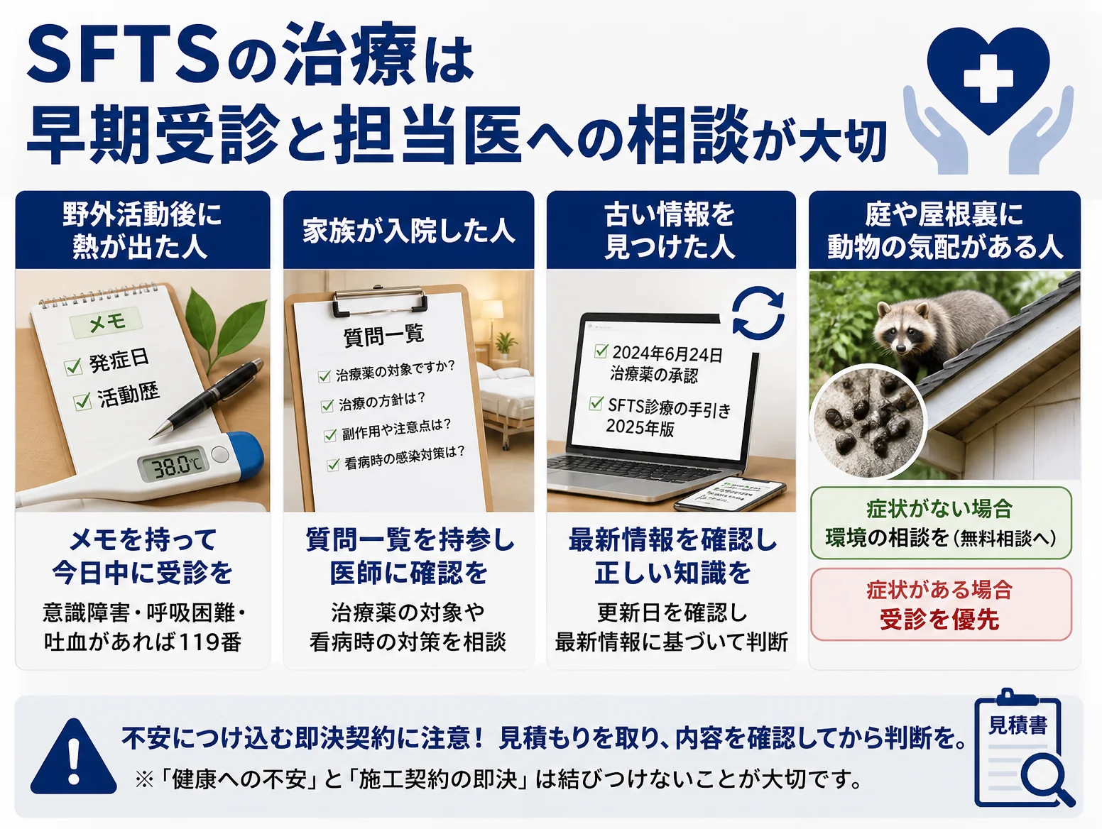 SFTS治療は早期受診と担当医への相談が大切と示す図解、野外活動後の発熱はメモを持ち今日中に受診、家族の入院は質問一覧で確認、古い情報は最新版を確認、庭や屋根裏の動物は症状で対応を分ける4場面と即決契約への注意