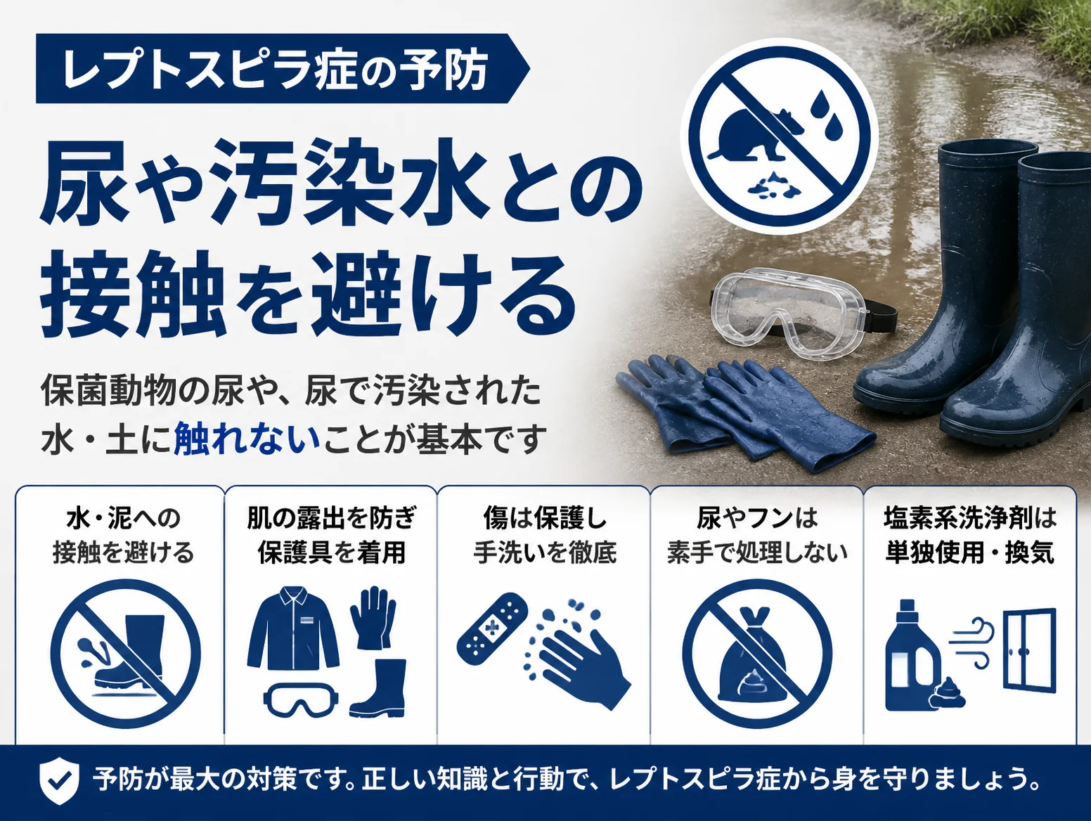 レプトスピラ症の予防として尿や汚染水との接触を避ける方法を示す図解、水たまりの横に長靴とゴーグルと手袋、水・泥への接触回避、保護具の着用、傷の保護と手洗い、尿やフンを素手で処理しない、塩素系洗浄剤の単独使用と換気の5項目