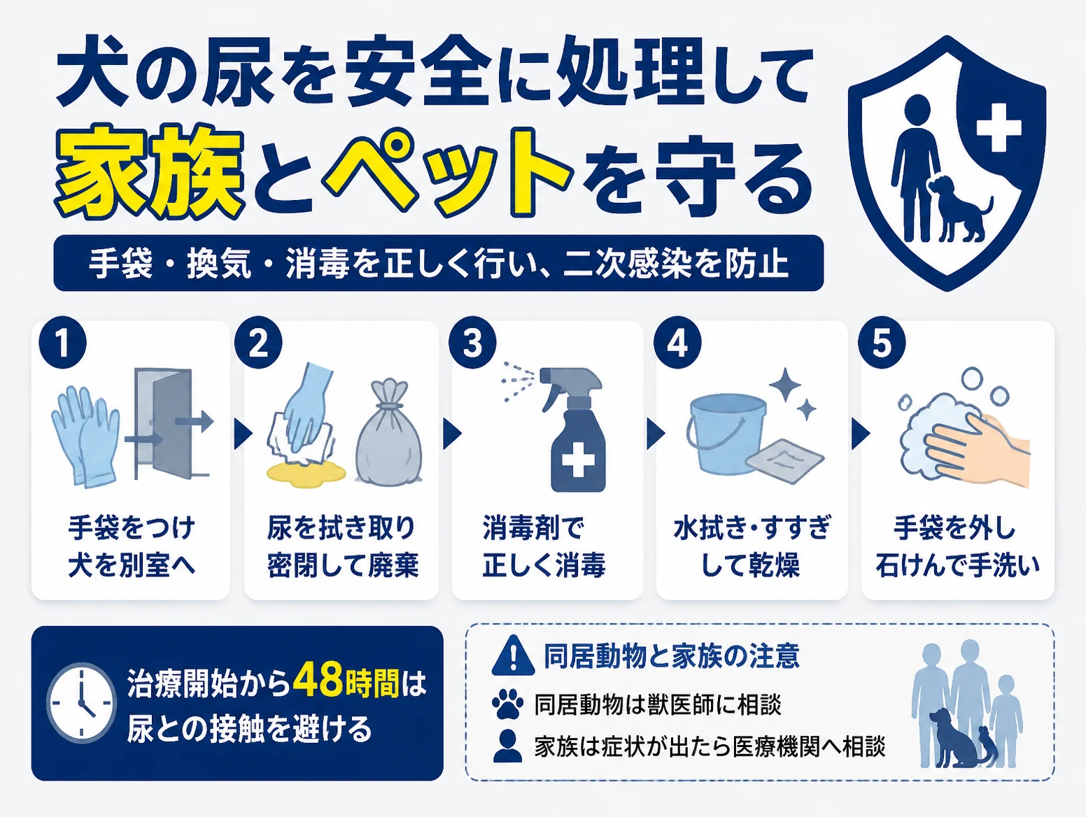 レプトスピラ症の犬の尿を安全に処理する5手順の図解で、手袋をつけ犬を別室へ、尿を拭き取り密閉廃棄、消毒剤で消毒、水拭き乾燥、石けんで手洗いを示し、治療開始から48時間は尿との接触を避ける注意と同居動物や家族の相談先も記載